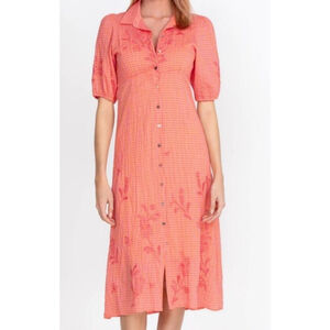 Johnny Was M Orla Puff Sleeve Cotton Shirt Dress Peach & Pink ~ Boho